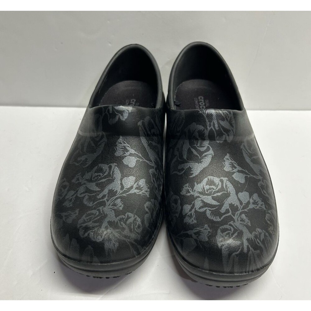 Crocs Women Neria Pro II Clog Work Dual Black Flower rose nurse clog work Shoe 8
